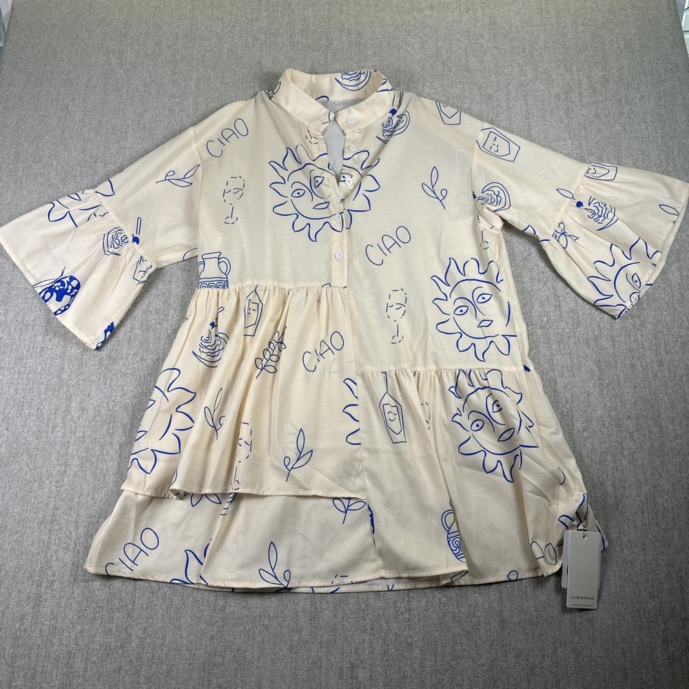 Commense Dress Medium NWT Ivory Blue Ciao‎ Sun Print Tiered Babydoll Mini Flowy